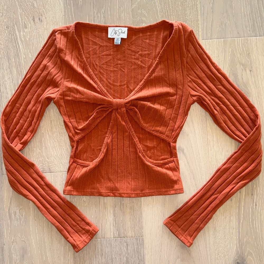 city sleek Rust Tie-Front Ribbed Side Cut Out Long Sleeve S